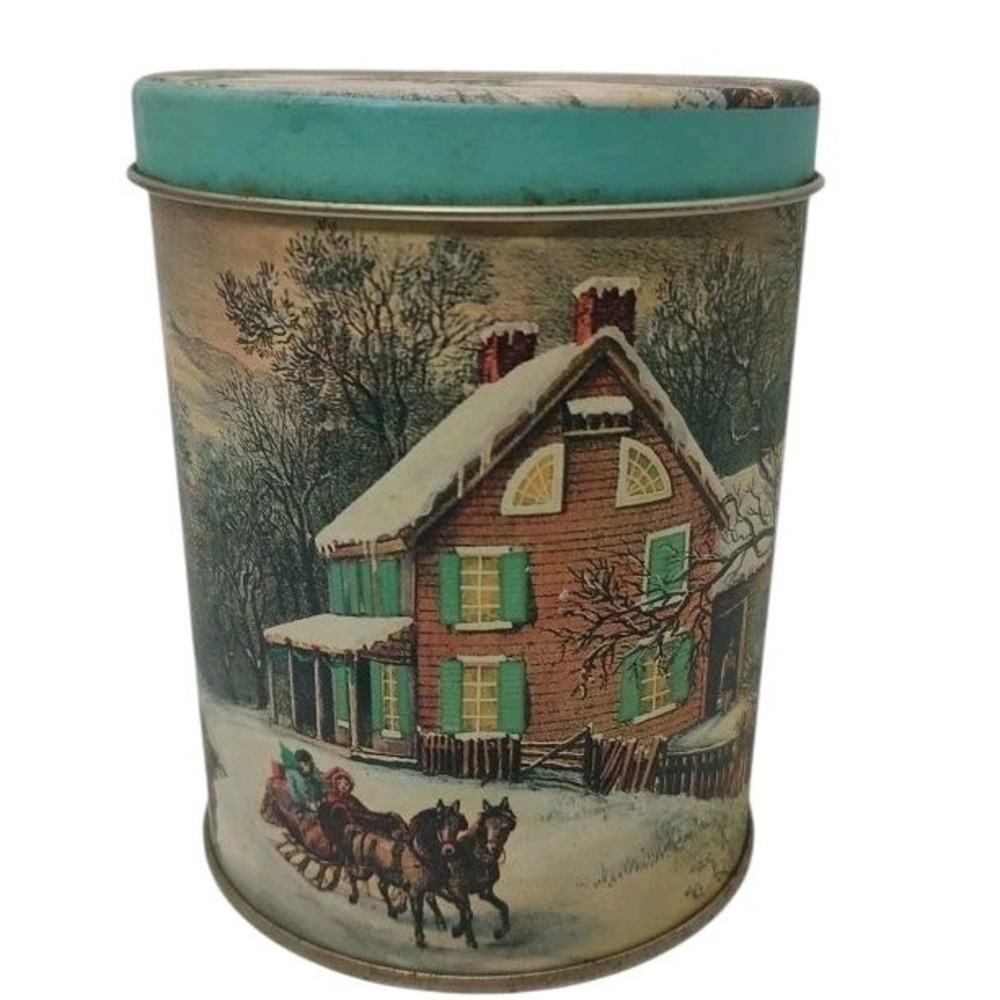 Vintage Christmas Tin Round Canister Horse and Sleigh Winter Scene‎ Five Inch
